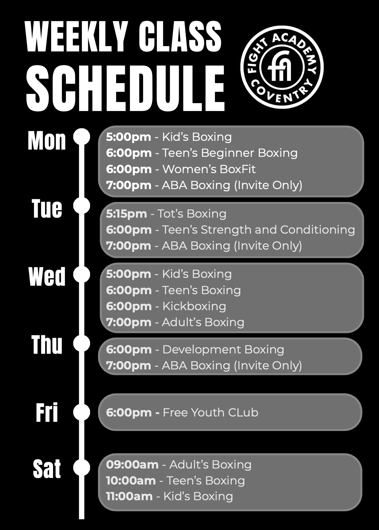 a photo of our class schedule at Fight Academy